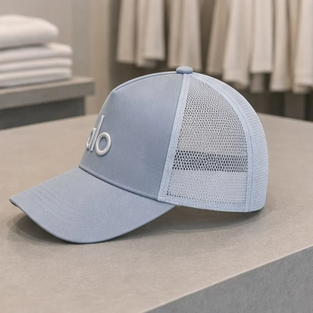 ALO Yoga Mist Blue Gray Travel Mesh Trucker Cap Hat Sporty